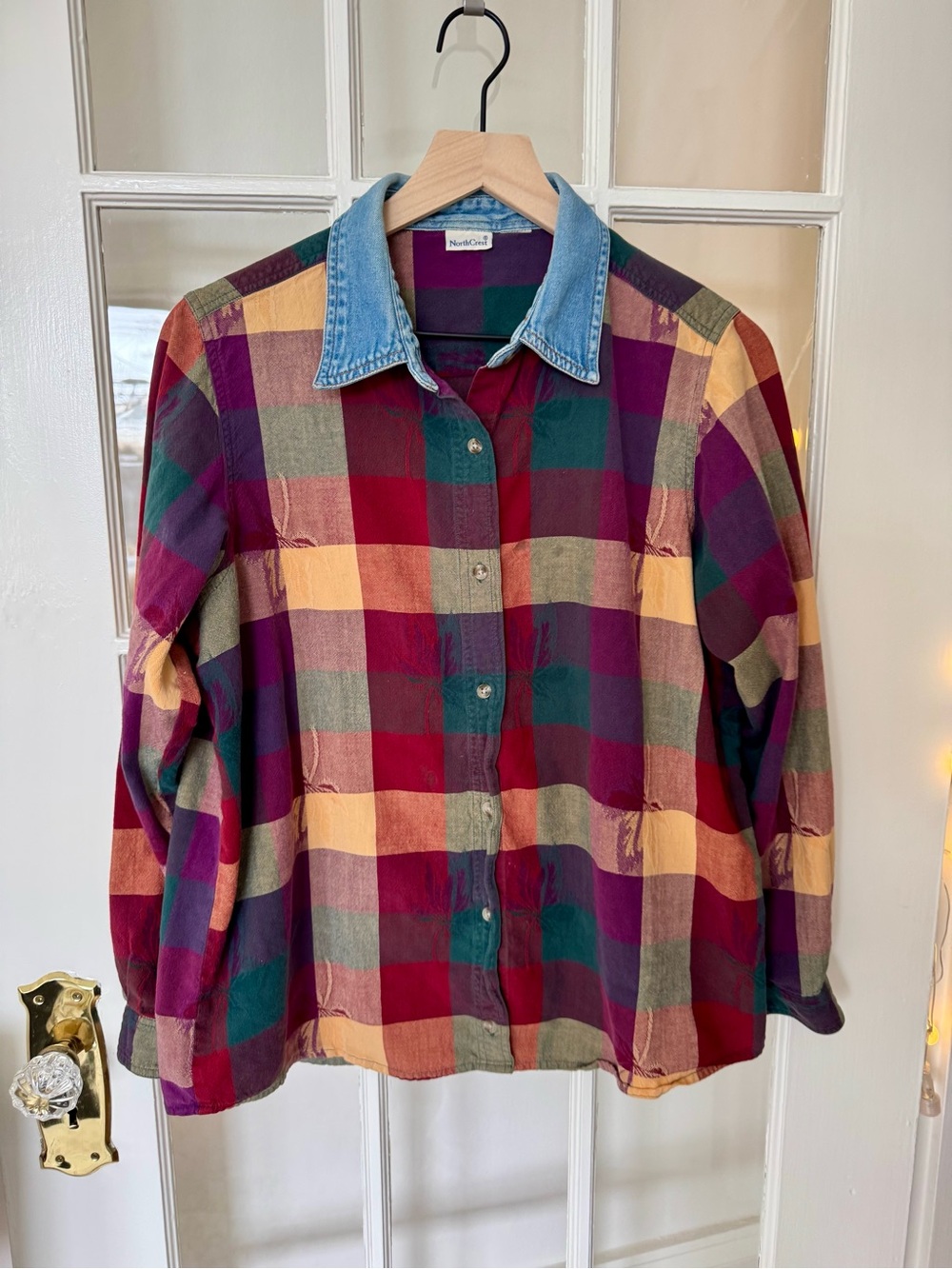 Northcrest Vintage Denim Collar Plaid Button-Up Autumn Shirt Fall Cottage Colors
